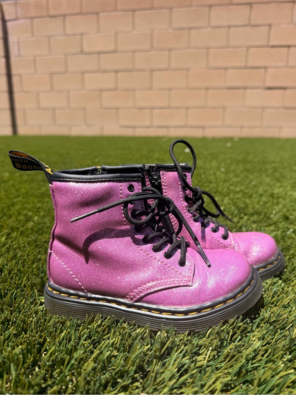 Dr. Martens Black and Pink Glitter Lace-Up Boots